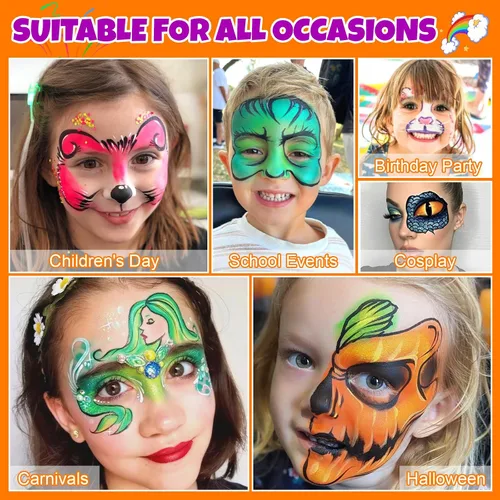 Vista 3 de Kit de pintura facial de 54 colores para niños, kit de maquillaje de pintura facial no tóxica con plantilla, libro guía, kit de maquillaje