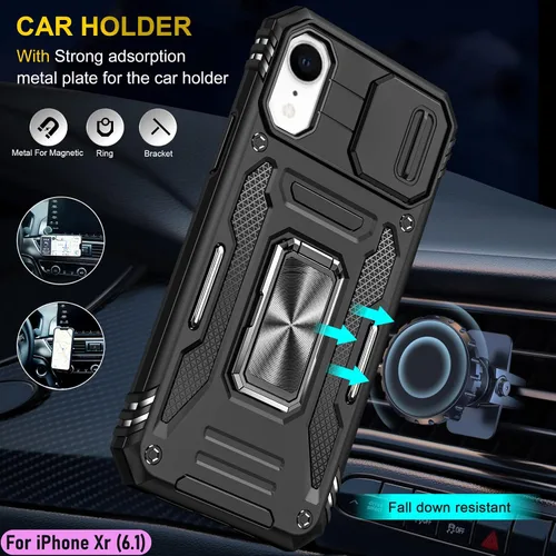 Vista 8 de Funda resistente para Apple iPhone Xr/10R, protección híbrida de goma de doble capa de grado militar con protector de cámara deslizante, soporte