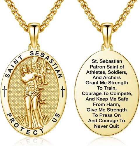 Vista 31 de Collar con colgante de amuleto de medalla de San de plata 10A-St Michael Oval