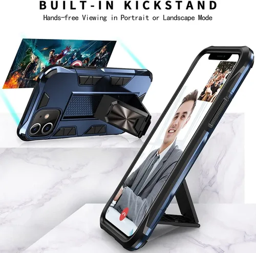 Vista 2 de Funda de grado militar para iPhone 11 Pro Max con protector de pantalla de vidrio templado, a prueba de golpes, con soporte de soporte, funda