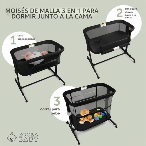 Vista 3 de KoolerThings 3 en 1 cuna/moisés para bebé, cama junto a la cama y parque infantil, fácil de plegar y portátil (Negro) - KoolaBaby (cuna de malla)