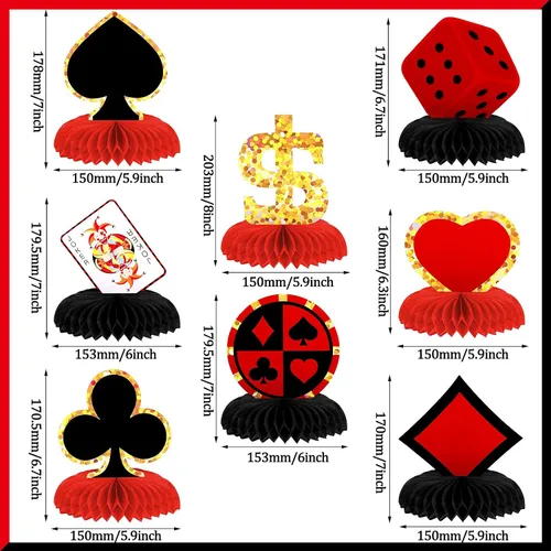 Vista 3 de Juego de 8 piezas de decoración de fiesta temática de cumpleaños de casino, centros de mesa de nido de abeja de póquer, centros de mesa de nido
