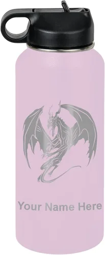 Vista 26 de LaserGram Botella de agua con tapa abatible de doble pared de 12 onzas con pajilla, dragón, grabado personalizado incluido (negro)