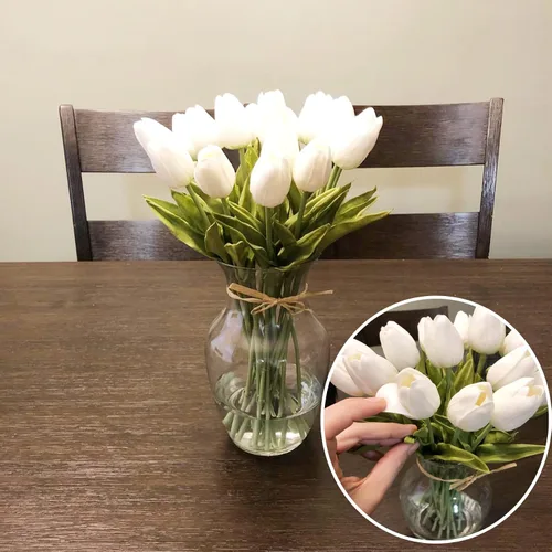 Vista 7 de hanlongyu 15 piezas de tulipanes de marfil artificiales para decoración de mesa, ramos artificiales falsos, tulipanes realistas para decoración