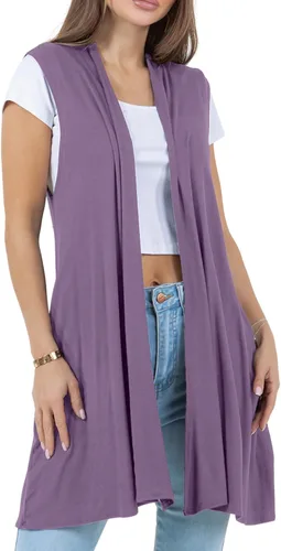 Vista 8 de Azules Cárdigan largo sin mangas para mujer con bolsillos, ligero frente abierto, capa elegante y fluida para el trabajo o uso casual
