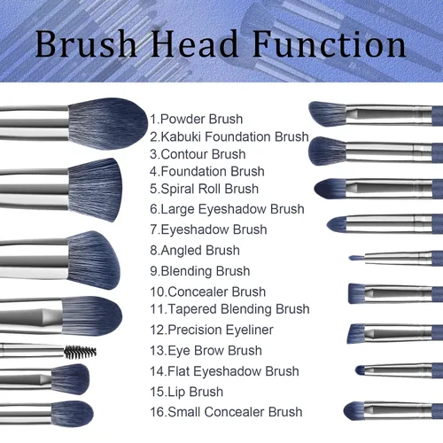 Vista 6 de HEYMKGO Juego de 11 brochas de maquillaje verdes con 16 brochas de maquillaje azules, profesionales suaves y densos para mezclar pulir contornos