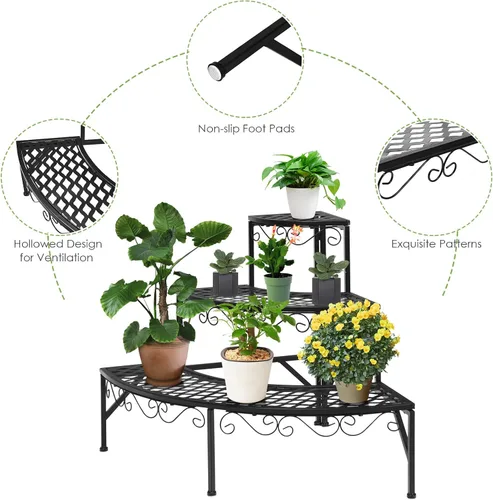 Vista 5 de Giantex Soporte esquinero de metal de 3 niveles, estante esquinero redondo para plantas con almohadillas antideslizantes, estante esquinero