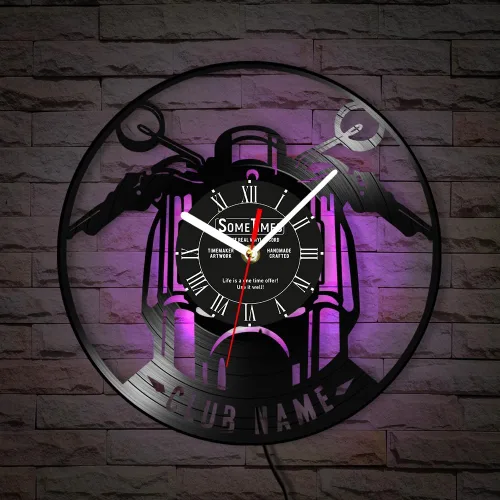 Vista 3 de The Geeky Days Reloj de pared con disco de vinilo para motocicleta, con nombre personalizado, 7 colores cambiantes, para motocicletas, garaje, reloj