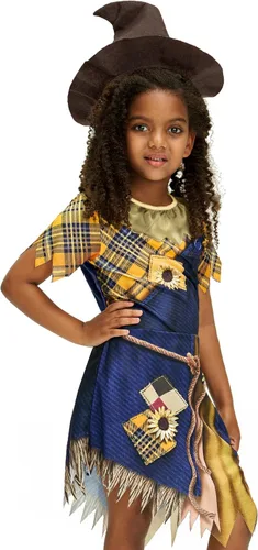 Vista 2 de Disfraz de espantapájaros para niñas, vestido de retazos, sombrero, falda con dobladillos dentados para niños, fiesta de Halloween, juego de rol