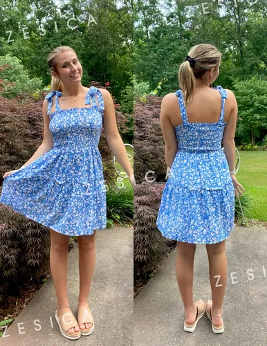 Vista 8 de ZESICA Vestido corto de playa con estampado floral bohemio de verano 2023 para mujer con tirantes delgados, cuello cuadrado, volantes, acampanado