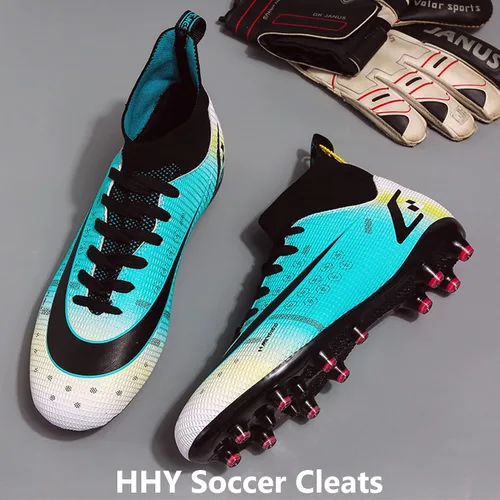 Vista 8 de HHY Botines de fútbol para hombre, zapatos de fútbol de caña alta, antideslizantes, para interiores y exteriores, césped firme, botas de combate