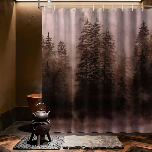 Vista 17 de Cortina de ducha estrecha para hombre, diseño de bosque negro y gris, para casa rodante, juego de decoración de baño, tela impermeable con ganchos