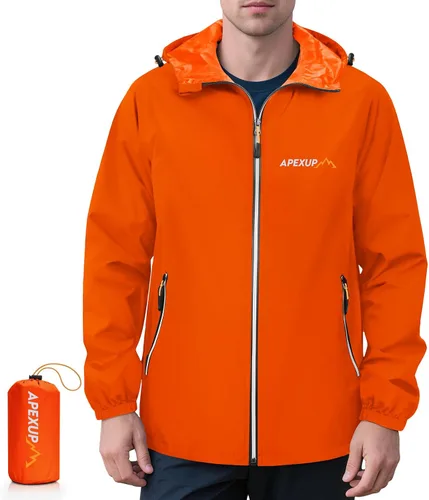 Vista 12 de APEXUP Chaqueta de lluvia empacable para hombre con cremallera reflectante, impermeable ligero, chaqueta de lluvia para hombre para deportes al aire