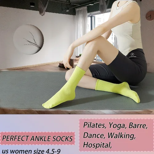 Vista 14 de Calcetines de agarre para mujer, calcetines de yoga para pilates, antideslizantes, barre danza, hospital, correr, lindo, de algodón, 3/4 pares