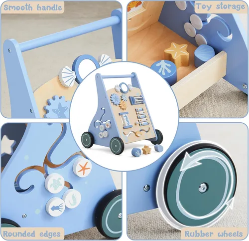 Vista 7 de Beright Caminante de madera para bebés con ruedas Montessori Walker, centro de múltiples actividades, desarrolla habilidades motoras y estimula