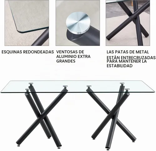 Vista 5 de Ebullient - Mesa de comedor de cristal de 71 pulgadas, moderna mesa rectangular de cocina para 8, mesa de vidrio transparente y patas de metal