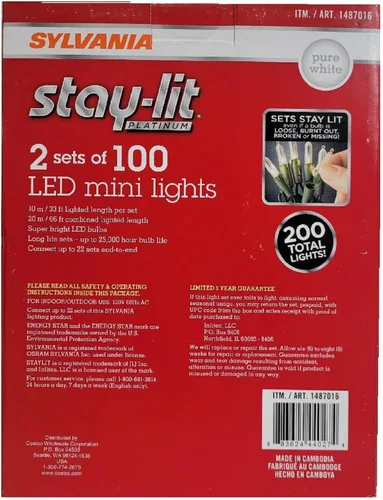 Vista 3 de Sylvania Stay-Lit Platinum - Juego de 2 miniluces LED (100 ledes), color blanco puro