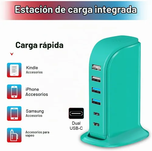 Vista 2 de Bloque de cargador USB Upoy, estación de carga para múltiples dispositivos Apple, tira de alimentación USB Hub múltiples puertos, adaptador de verde
