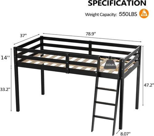 Vista 2 de VINGLI - Cama tipo loft baja de 47'' para junior con escaleras, cama de madera tamaño individual para adultos, niños y adolescentes jóvenes, sin