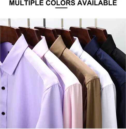 Vista 6 de Camisa de vestir para hombre, manga larga, ajustada, informal, con botones, color liso