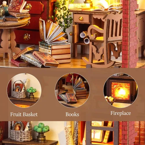 Vista 2 de Kits de manualidades para rincón de lectura DIY Booknook - Creatividad 3D, rompecabezas de madera con luces LED, decoración para estanterías - Kit