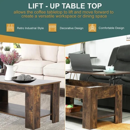 Vista 5 de PayLessHere Mesa de Centro con Tapa Elevable Mesas de Centro con Compartimento Oculto y Estante de Almacenamiento Tablero de Madera Elevable Mesa