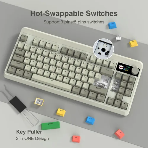 Vista 5 de Womier - Teclado retro 75% para juegos con pantalla OLED y perilla, M87 Pro Bluetooth 5.12.4 GHzUSB-C Teclado mecánico inalámbrico con interruptor
