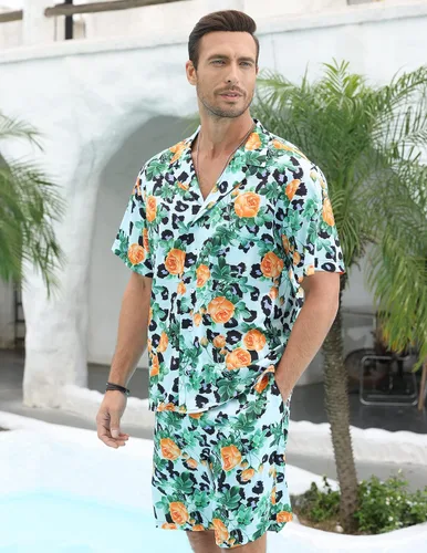 Vista 3 de LUCKYOUNG Conjunto de camisa hawaiana y pantalón corto para hombre, 2 piezas, camisa de manga corta con botones, trajes de vacaciones en la playa