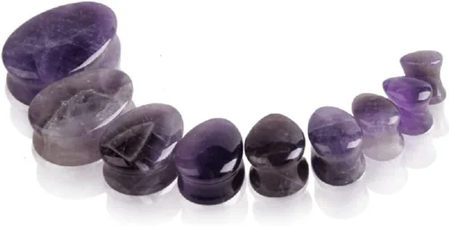 Vista 4 de NewZenro Túneles de tapones para los oídos de amatista Tiendaita orgánica con piedra natural, dilatador, aretes de lágrima, doble acampanada, juego