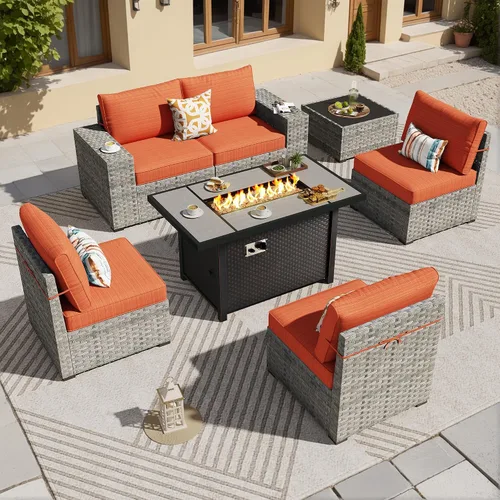 Vista 10 de ovios Juego de muebles de patio de 6 piezas, sofá seccional de mimbre para exteriores con mesa auxiliar, cómodos cojines, moderno sofá modular Beige