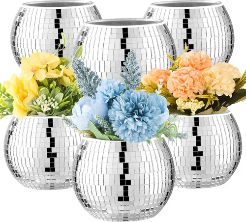 Vista 9 de 6 piezas de jarrón de bola de discoteca para centros de mesa, decoración de bola de discoteca, florero con espejo plateado para bodas, cumpleaños