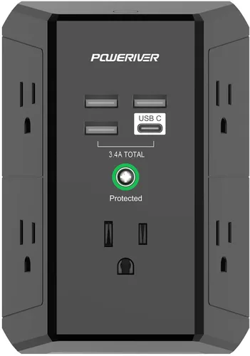 Vista 8 de POWERIVER - Extensor de sobretensiones multitoma de corriente con 5 salidas de CA y 4 puertos USB (2 USB C), 1,680 julios, divisor de salida