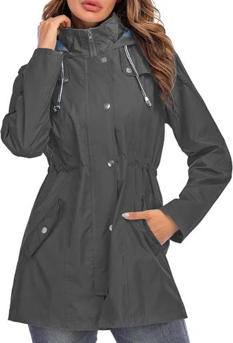 Vista 15 de Kikibell Chaqueta de lluvia para mujer con capucha, con forro a rayas, ligera, impermeable para exteriores, cortavientos Verde militar