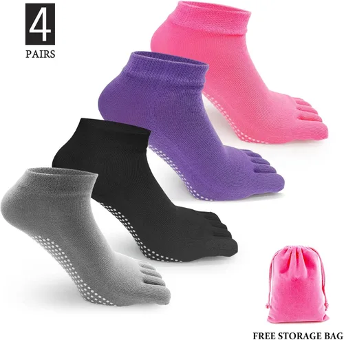 Vista 2 de CAFANDY Calcetines de yoga con empuñaduras para mujer, calcetines antideslizantes para pilates, barre, fitness, baile, 4 pares