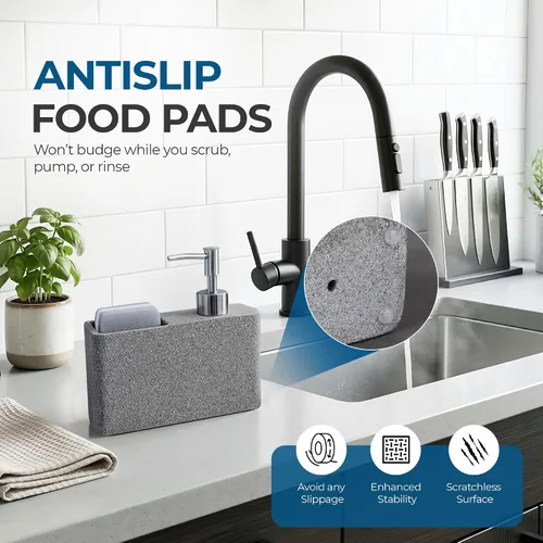 Vista 5 de Havara - Dispensador de jabón para platos de resina de granito con soporte para esponja, gris piedra Kitchen Soap Dispenser & Sink Organizer for