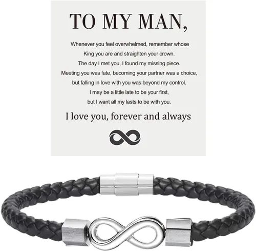 Vista 8 de Pulsera de cuero con texto en inglés "To My Man", regalo para marido de parte de WifeI Love You Forever and Always Pulseras para novio, aniversario