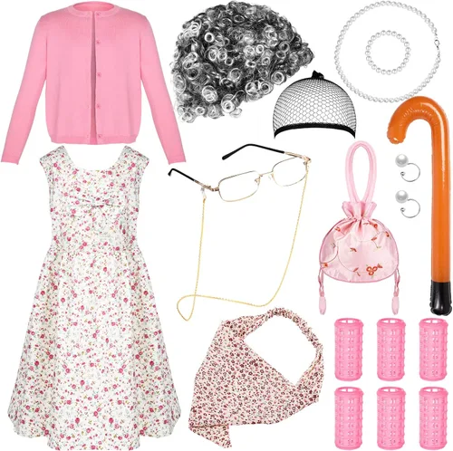 Vista 7 de 28 Pcs Old Lady Costume for Kids 100th Day of School Grandma Cosplay Dress Cardigan Bag Bandana head accessories