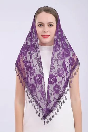 Vista 4 de Velo de encaje Triángulo Mantilla velo Mantón o Bufanda Latina Masa Cabeza Cubierta con Flecos Encaje