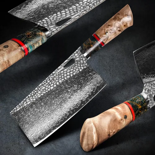 Vista 3 de Damascus Kitchen - Cuchillo chino de 7.5 pulgadas profesional hecho a mano con mango de madera estabilizado para carne y verduras en el hogar