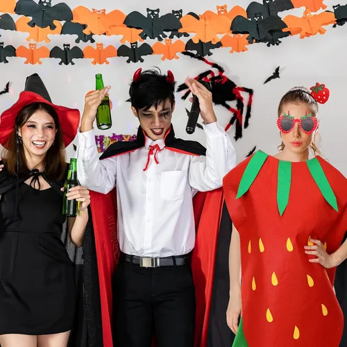 Vista 3 de Jiuguva 5 piezas unisex Halloween fresa disfraz de fruta traje de la cabeza pantimedias gafas bolsa ropa fresa para adultos