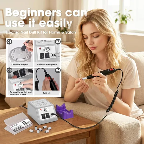 Vista 6 de LAVAED Kit de máquina de taladro de uñas eléctrico profesional, vibración de bajo ruido con brocas de uñas y bandas de lijado para taladro de uñas