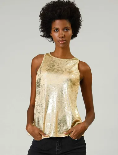 Vista 2 de Allegra K Camiseta sin mangas para mujer, brillante, sin mangas, color metálico, brillante, Metálico