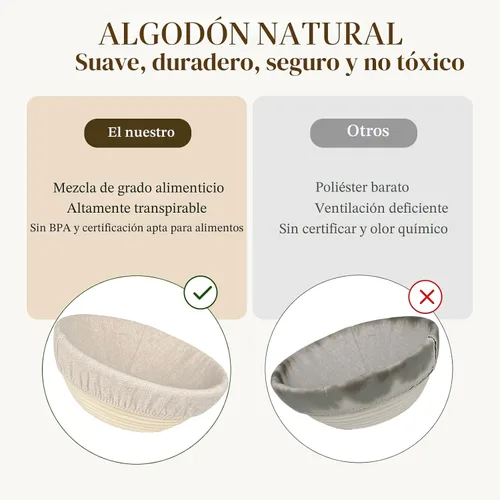 Vista 6 de Banneton - Cesta de prueba de pan, juego de 2 cestas (redondas de 9 pulgadas) – Banneton de ratán natural con 4 forros de lino – Cesta de pan