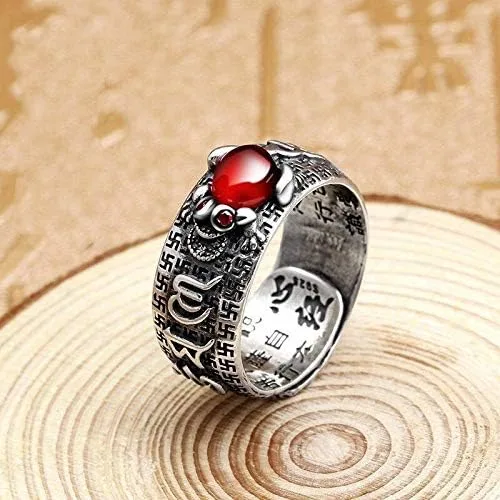 Vista 2 de Anillo vintage de plata Feng Shui Pixiu para mujeres y hombres, grabado textos budistas, alivio máximo, sapo dragón, Pixiu, camafeo, riqueza, buena