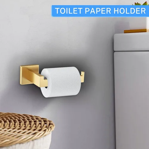 Vista 4 de Juego de accesorios de baño de 10 piezas en oro cepillado Juego de barra de toallas doradas, toallero/estante para baño, juego de accesorios de baño