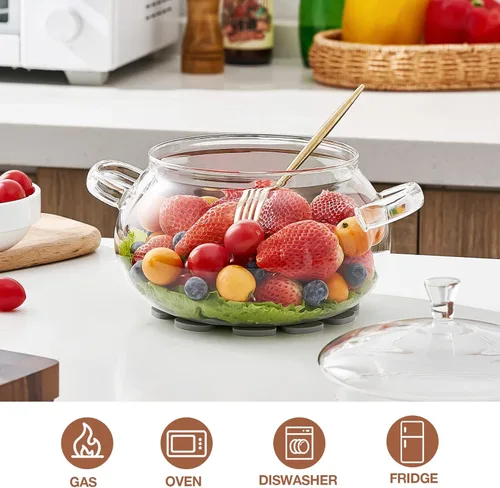 Vista 4 de Olla de vidrio de borosilicato, cacerola de 2.5 cuartos con tapa, apta para microondas, estufa y lavavajillas