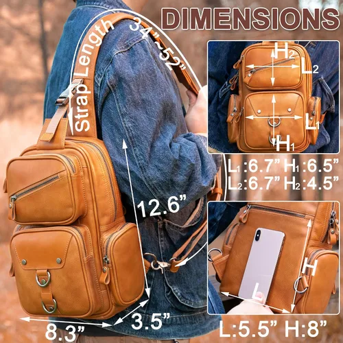 Vista 5 de CENUNCO Bolso bandolera de cuero genuino para hombre, mochila cruzada, casual, senderismo, motocicleta, bolsa de pecho antirrobo, bolso de viaje