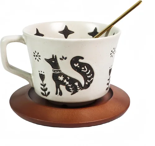 Vista 2 de Taza de café de cerámica vintage Taza de té de café de cerámica gruesa con platillo y cuchara de madera, taza de té y platillo de 12 onzas