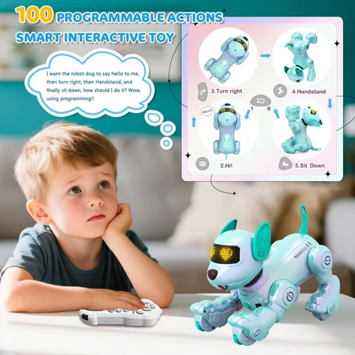 Vista 4 de VATOS Nuevo Robot Perro Inteligente con Control Remoto para Niños, 17 Funciones Interactivas Divertidas Inteligente Programable Cachorro Robótico
