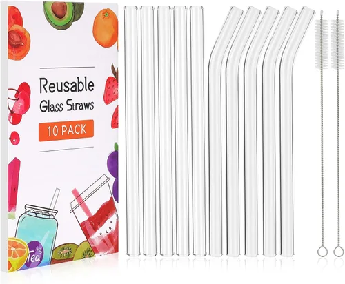 Vista 8 de 10 popotes Boba de vidrio reutilizables, 0.354 x 0.551 in de ancho, para té de burbujas, batidos, juego de 5 rectas y 5 dobladas con 2 cepillos